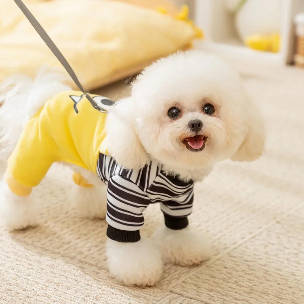 Autumn and Winter Pet Hoodie Striped Jumpsuit Cute Dog Traction Four Legged Coat Autumn Thin Velvet Teddy Pet Coat Puppy Clothes