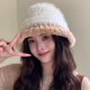 Korean Style Women's Plush Color Block Bucket Hat - Warm Ear Protection, Trendy and High-Quality Woolen for Fashionable Outings