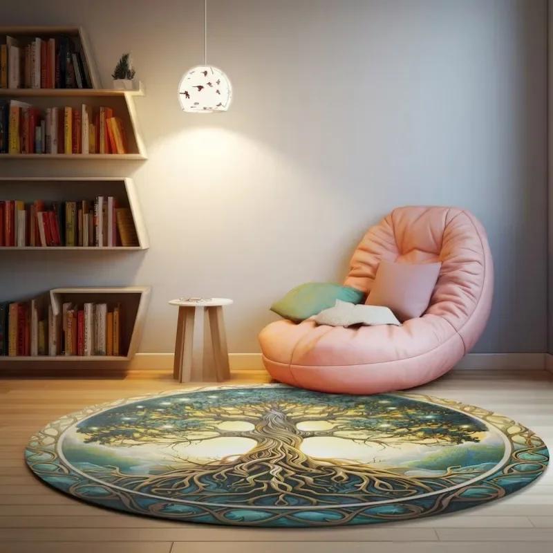 Celtic Tree of Life Chenille Large Round Area Rug Nature Mandala Design Ancient Spiritual Decor Bedroom Living Room Circle Rug