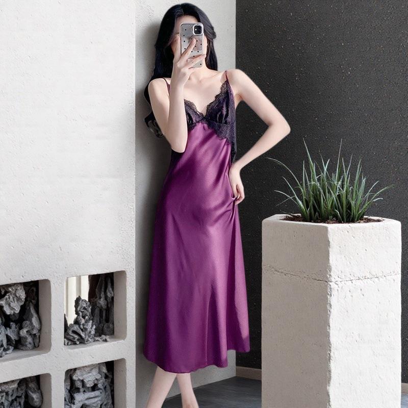 Ice and snow silk long dress women's summer sexy pajamas long suspender nightdress ice lace backless loungewear with chest pad