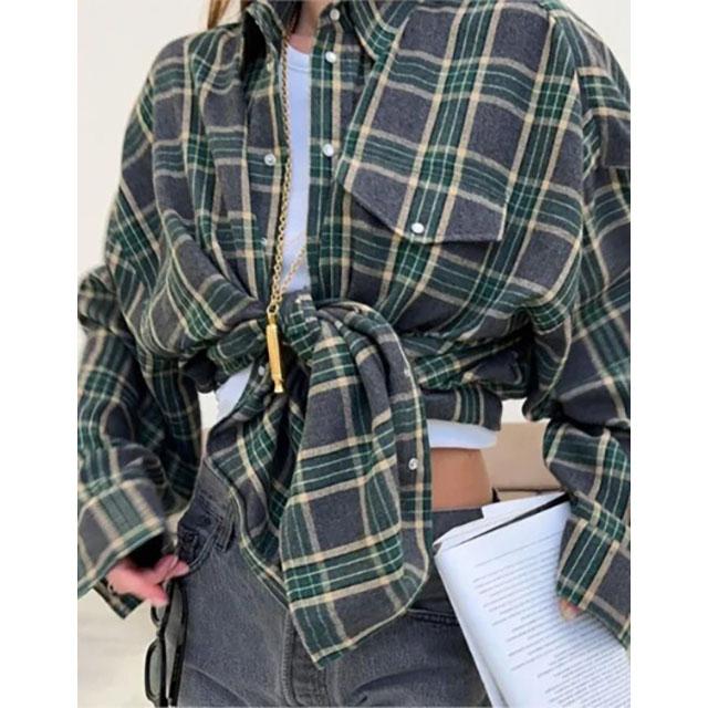

Осень-зима мода свободные лацканы женские V клетчатые рубашки карман рубашка блузка винтаж длинный рукав плюс размер XS темно-зеленого