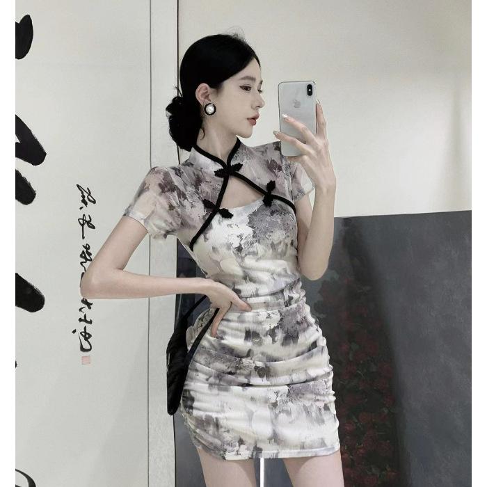 Petite Retro Qipao Dress - Summer Bodycon with Pleated Hollow-Out Design 2XL