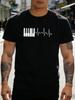 Unisex Black Tee Piano Keys Heartbeat Line Art Print Short Sleeve Loose Casual Street Basic Top For Adult Male Daily Wear Outfit