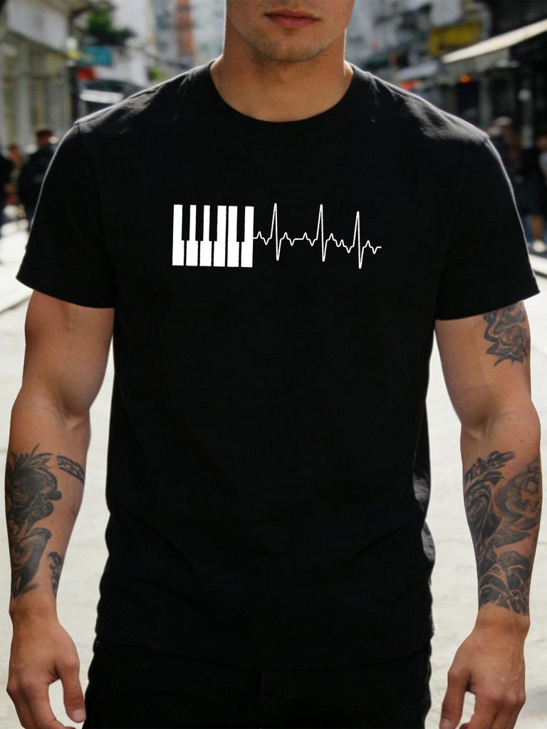 Unisex Black Tee Piano Keys Heartbeat Line Art Print Short Sleeve Loose Casual Street Basic Top For Adult Male Daily Wear Outfit