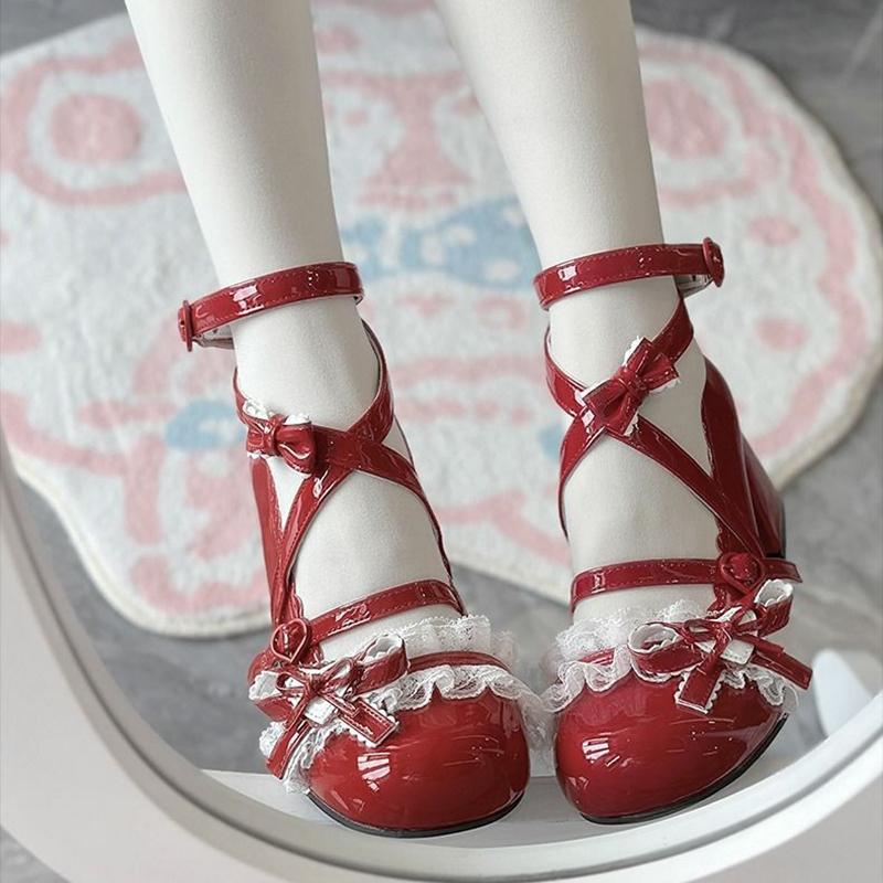 Lolita Rote High Heels Niedliche Pumps Schuhe Frühling Herbst Spitze Dicke High Heels Einzelne Schuhe Lack Mary Jane Damenschuhe