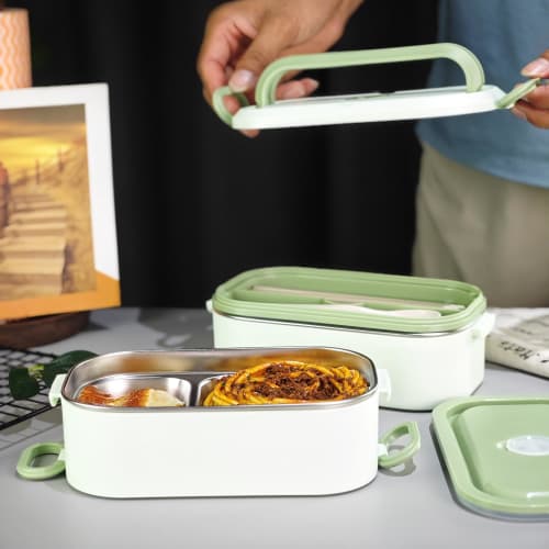 Nishida Stainless Steel Insulated Lunch Box, Leak-Proof, with Handle, Carry-Around Bag, Includes Chopsticks and Spoon (Brown, 2 Tiers)