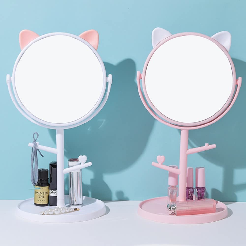 Mockery Cute Cat Ear Shaped Table Mirror Vanity Mirror, Portable Makeup Mirror Tabletop Mirror With Tray For Girls Women Cat Ear Mirror With Lipsti