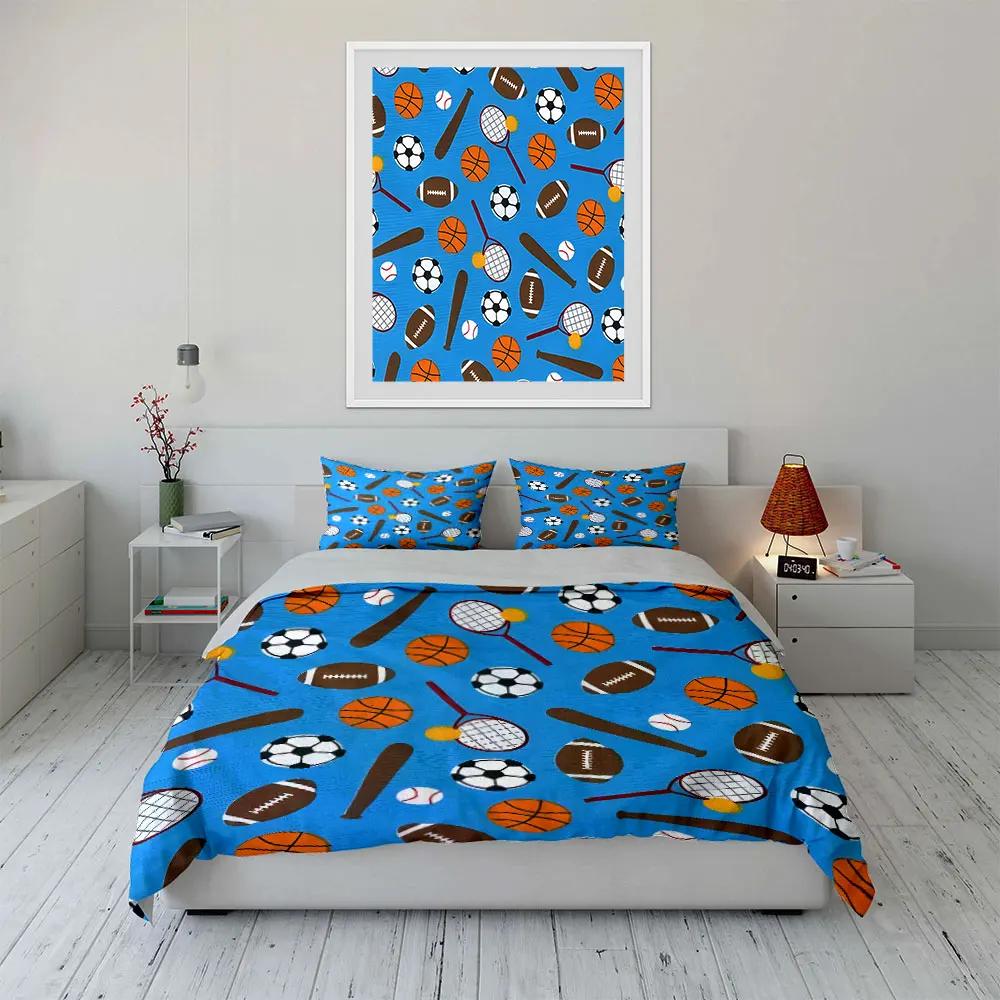 3Pcs Multi-Sport Bedding SetSoccer BasketballTennis and Baseball Print Duvet Cover+ 2 PillowcasesKids Bedroom Sports Decor