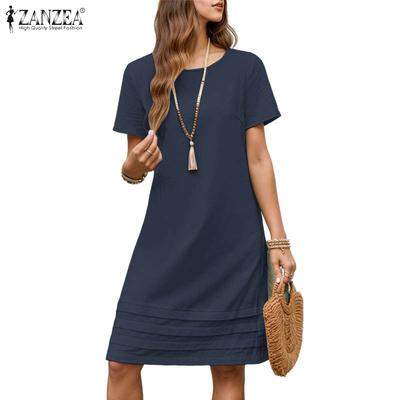 Women Casual Round Neck Solid Color Summer Short Sleeve Dress