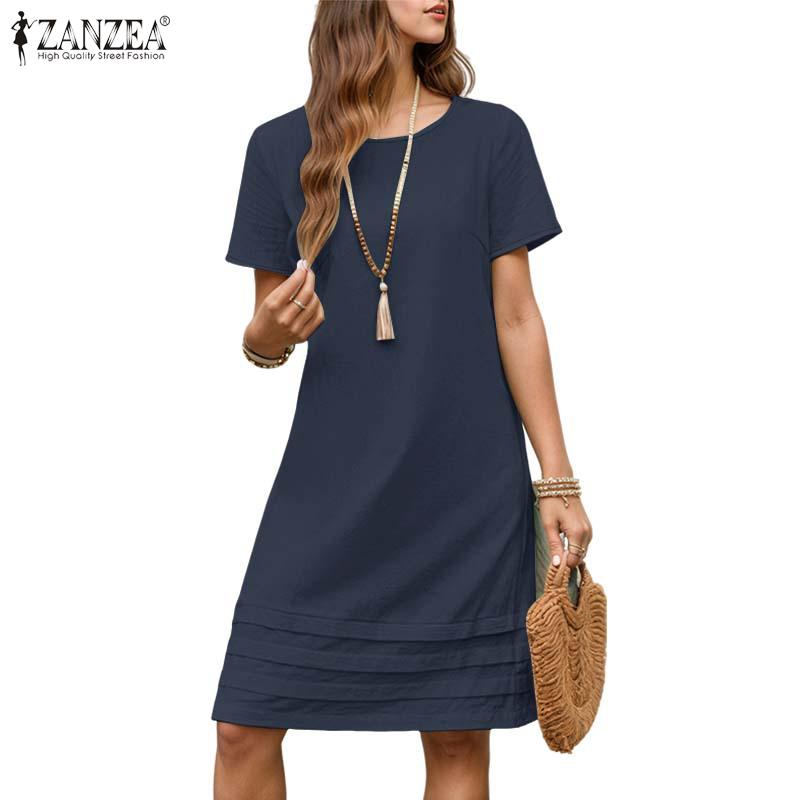 ZANZEA Women Casual Round Neck Solid Color Summer Short Sleeve Dress