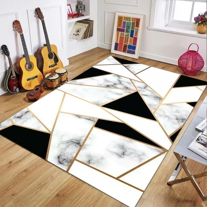 Marble Texture Geometric Area Rug Modern Gold Accent Abstract Pattern Non Slip Floor Carpet for Living Room Bedroom Home Decor