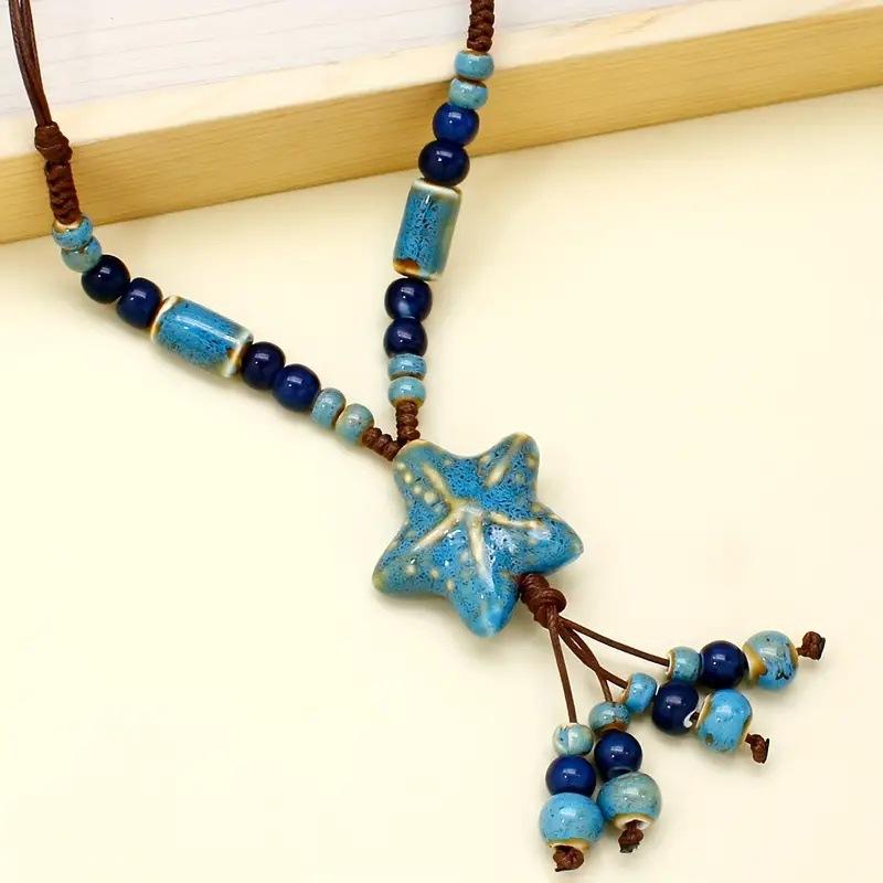 1PC Ethnic Style Star Ceramic Necklace Sweater Chain Retro Cotton and Linen Clothes Accessories Bohemian Style Travel Vacation Accessories