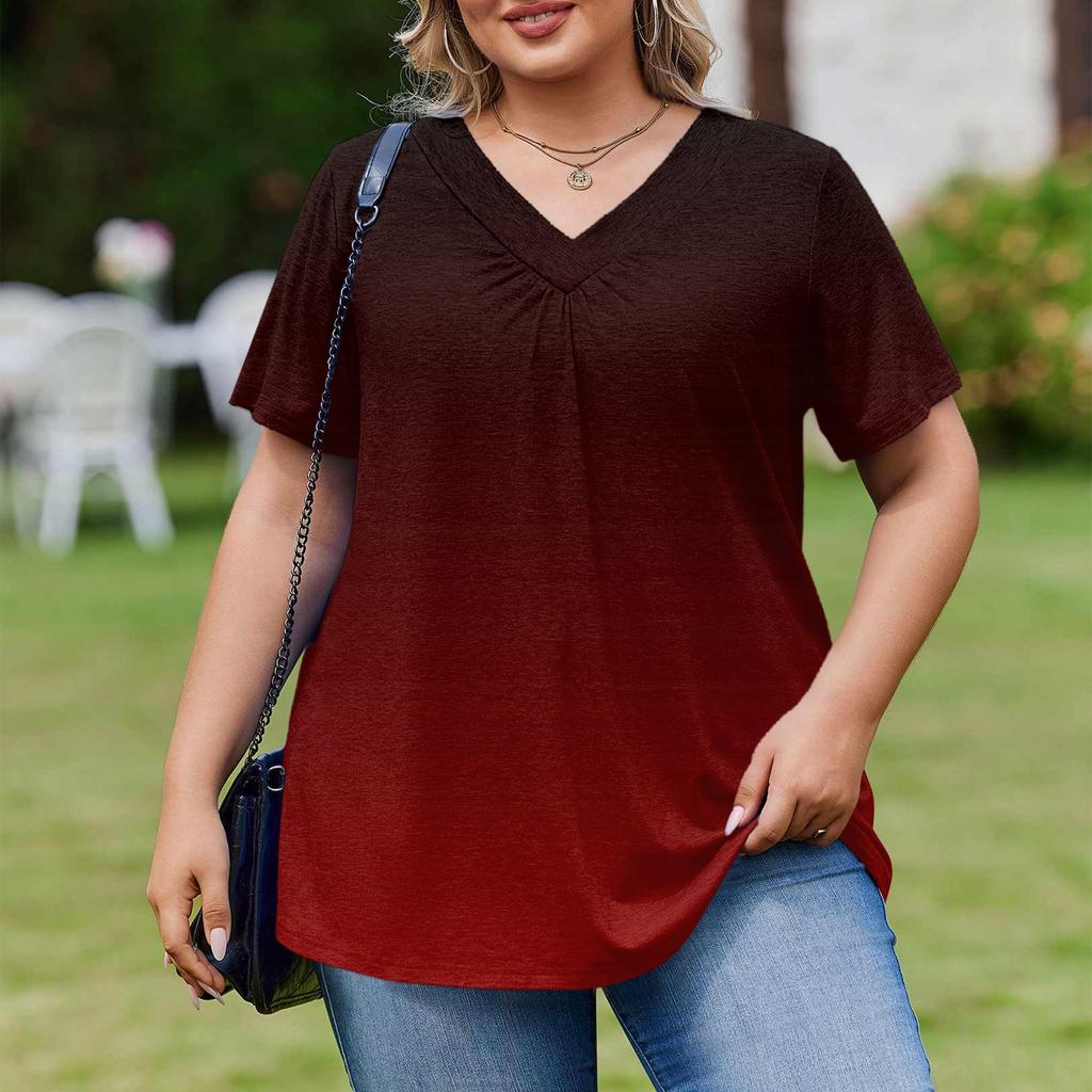 Damska Modna Codzienna Luźna Bluzka Plus Size z Krótkim Rękawem Elegancka z Dekoltem V Do Pracy