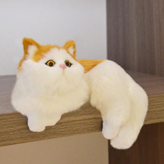 Simulation Furry Cat Ornament Plush Animal Figurine Realistic Fluffy Kitten Model Hanging Cat Decoration for Home TV Stand Shelf Decor