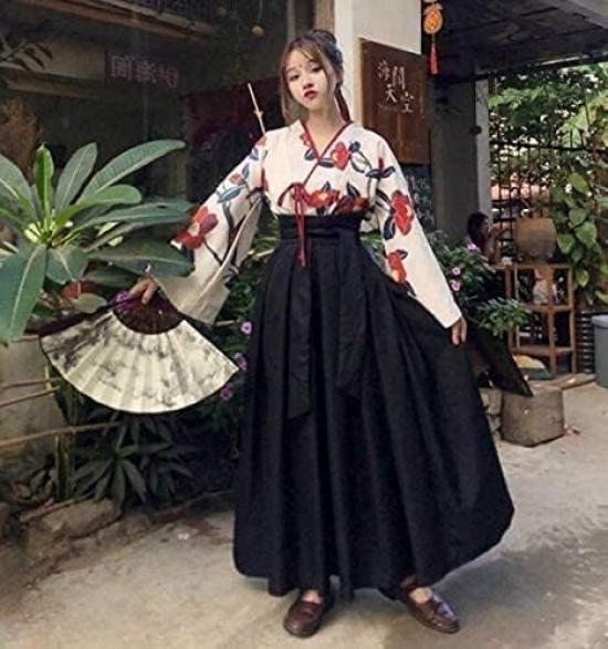 Taisho Roman Japanese Japanese Ethnic Large Camellia Pattern [Lady Lazy] Hakama, Clothing, Kimono, Hanfu, Clothes, Cosplay, Costume, Women's, Size,