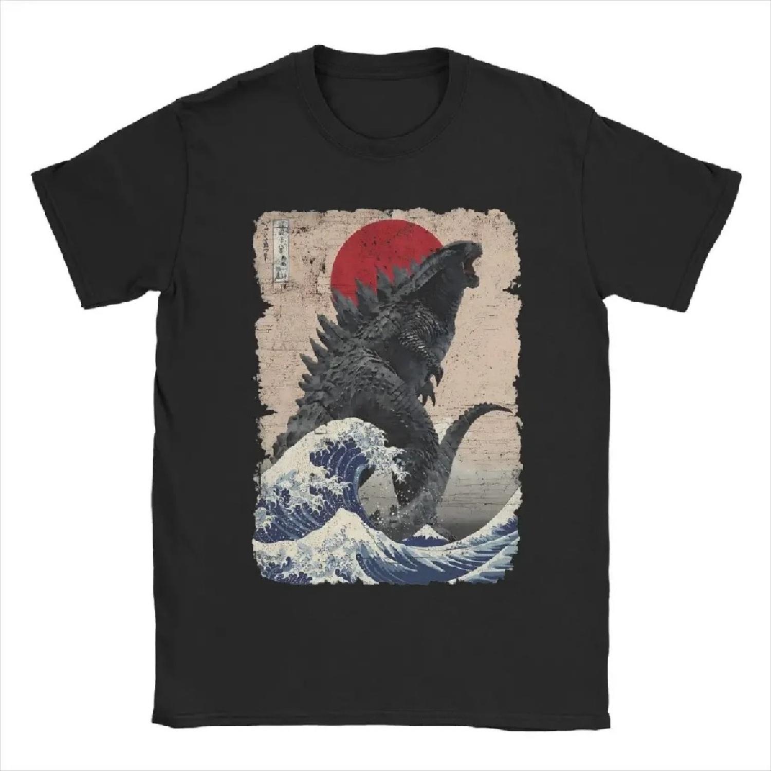 

Men Crew Neck Pure Cotton T Shirts Short Sleeve Tees Unique Japanese Godzillaed Great Wave T-Shirt 4XL 5XL Clothes tshirt XXXXXL чёрный