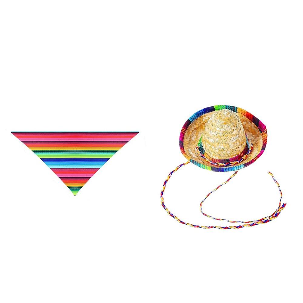 Funny Dogs Straw Hat Striped Scarf Beach Party Hat Creative Pet Hawaii Style Hat  Summer Outing Set