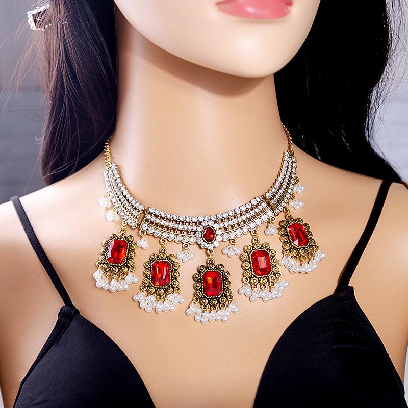Bohemian Crystal Jewelry Set: Ethnic Tassel Necklace & Earring with Rhinestones