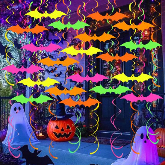 Glow in The Dark Halloween Bat Decoration Fluorescent Paper Bat Hanging Swirls Halloween Party Ceiling Streamers for Neon Party Room Decor