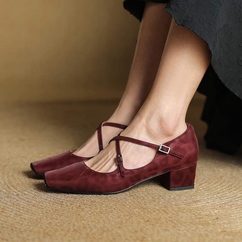 Krazing Pot Full Grain Leather Fashion Spring Autumn Med Heels Women Square Toe Buckle Straps Shoes Leopard Shallow Pumps