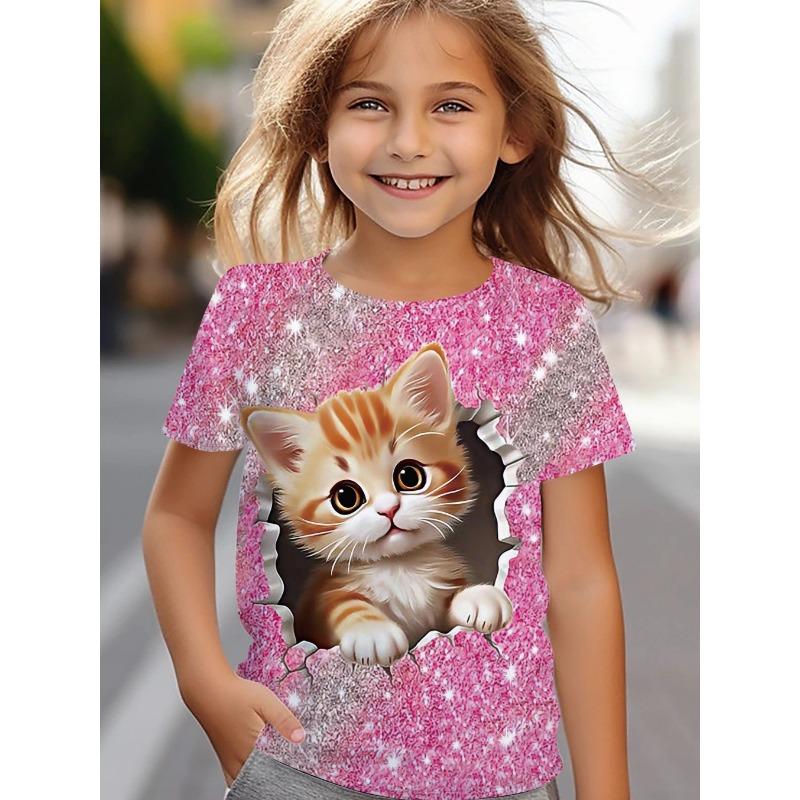 

T-Shirt for Girls Cute Kitten Girls Clothes Kids T-Shirt Summer Short Sleeve Children Outdoor Sports Tops T-Shirt for Girls 160