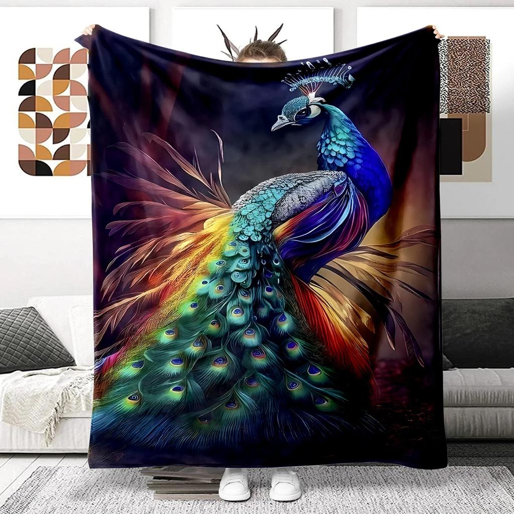 Colorful Peacock Picture Digitalprinted Polyester Bedroom Velvet Flannel Cover Blanket Fleece Soft Sofa Cover Blankets for Beds