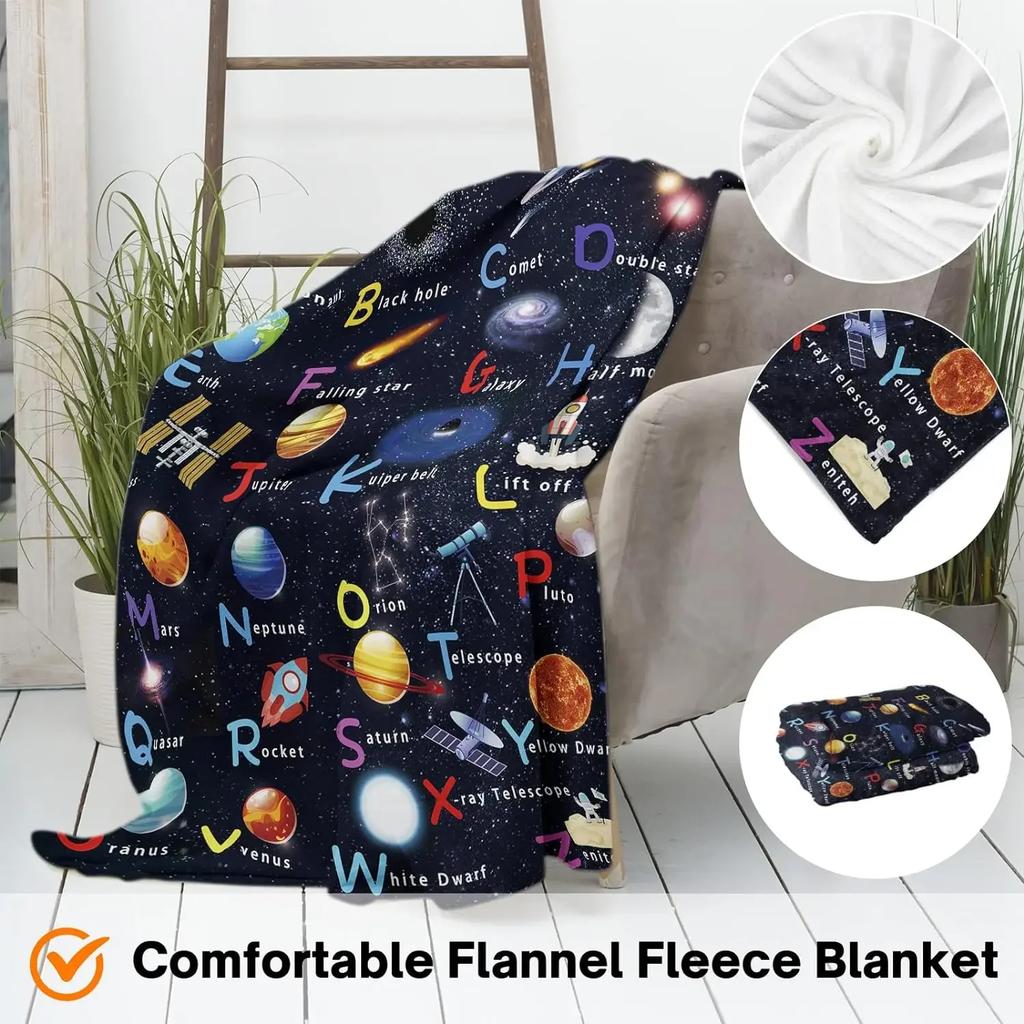 Kids Outer Space Astronaut Blanket, ABC Planet Blanket, Spaceship Rocket Blanket, Solar System Gift, Soft Flannel Blanket