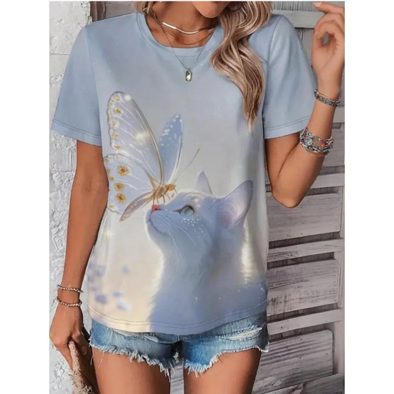 

Womens Summer Round Neck Short Sleeved T-shirt with 3D Cute Cat Pattern Printed Casual Top Breathable Machine Washable Suitable for Outdoor Daily Wear XS