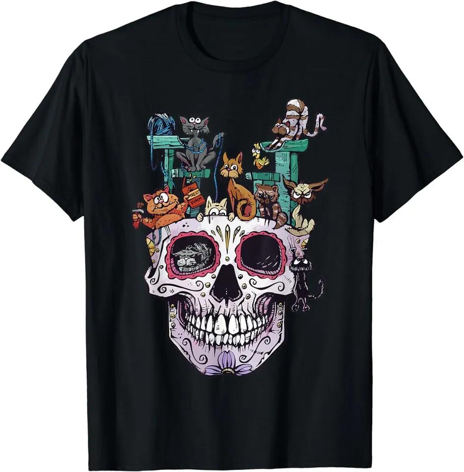 New Cat Skull Shirt Kitty Skeleton Halloween Costume Skull Cat Funny T-shirt USA XXXXL