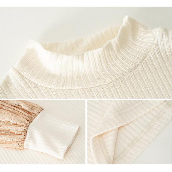 Womens Long Sleeve Tops Mock Neck Sequins Puff Sleeve Patchwork Blouses Solid Color Slim Fit Casual T Shirts