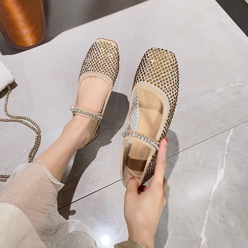 

Модный бренд сетка кристальная вышивка балетки женские блестящие балетки квадратный носок жемчужные заклепки кружево туфли мэри джейн большой размер 43 4.5 бежевый