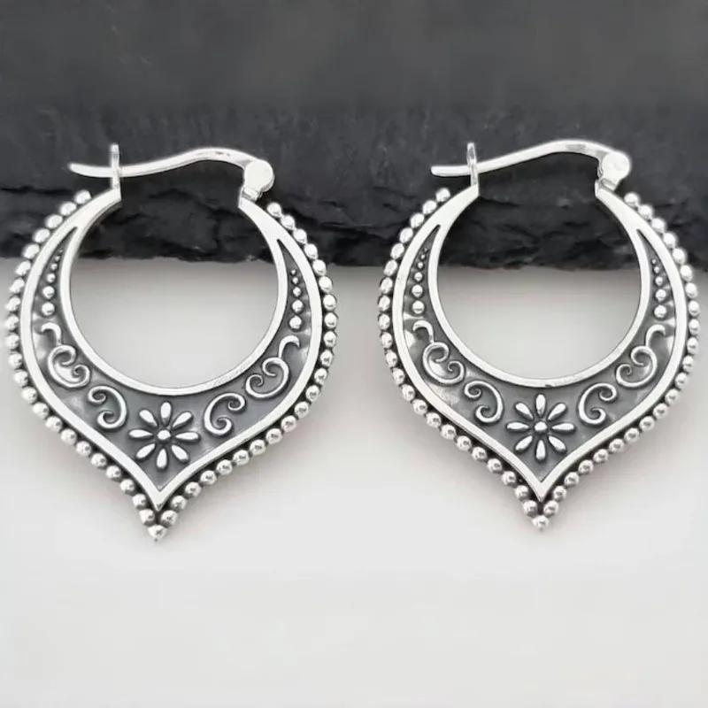 Vintage Ethnic-style Hand Carved Silvery Plated Hoop Earrings for Women's Hollowed Earrings Festival Jewelry Accessories Crafts