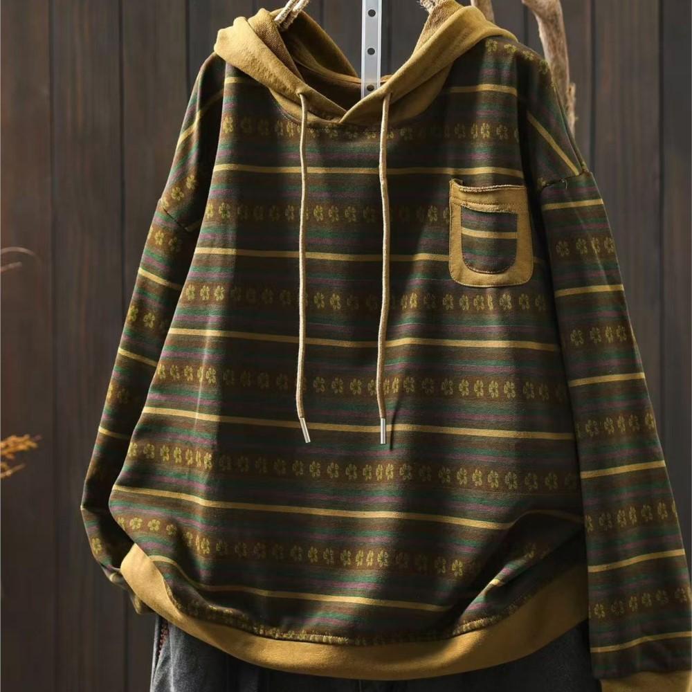 Johnature Женский пуловер с капюшоном в полоску с длинным рукавом осенний пэчворк карманы повседневная свободный футболки One Size жёлтый 3400₽