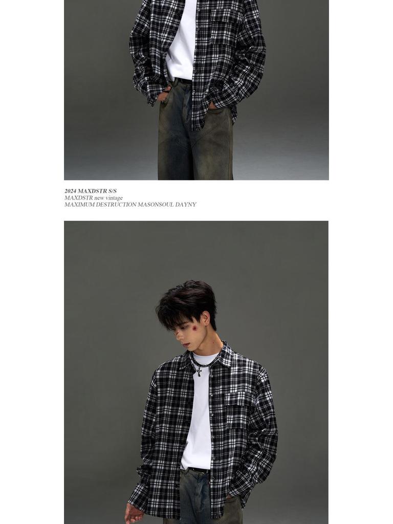 Men's Retro Black & White Checkered Long Sleeve Shirt Jacket - Casual Spring/Autumn Wear