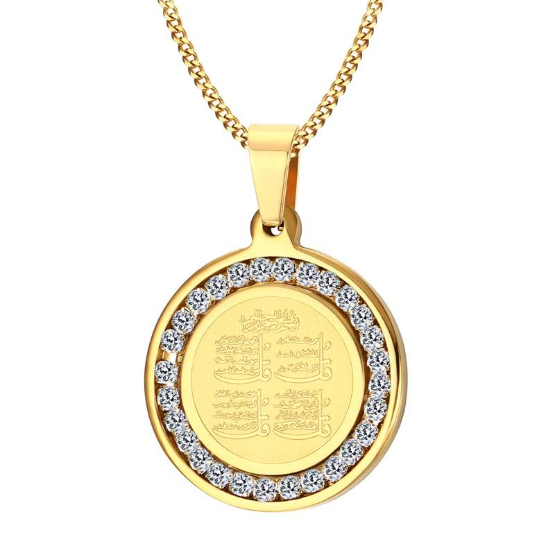 Herenketting 4 Qul Moslim Islamitische Hajj Umrah Hanger Roestvrij Staal Goudkleurig CZ Steen Mannen Modeketting