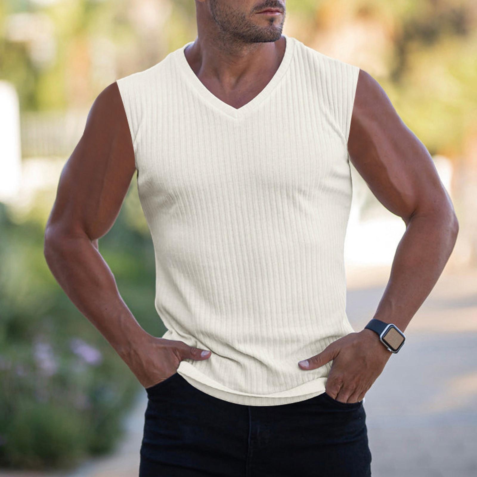 Men Sleeveless V Neck Ribbed Knit Tank Top Lightweight Breathable Pullover Classic Fit Comfortable Undershirt for Daily Wear XXXL
