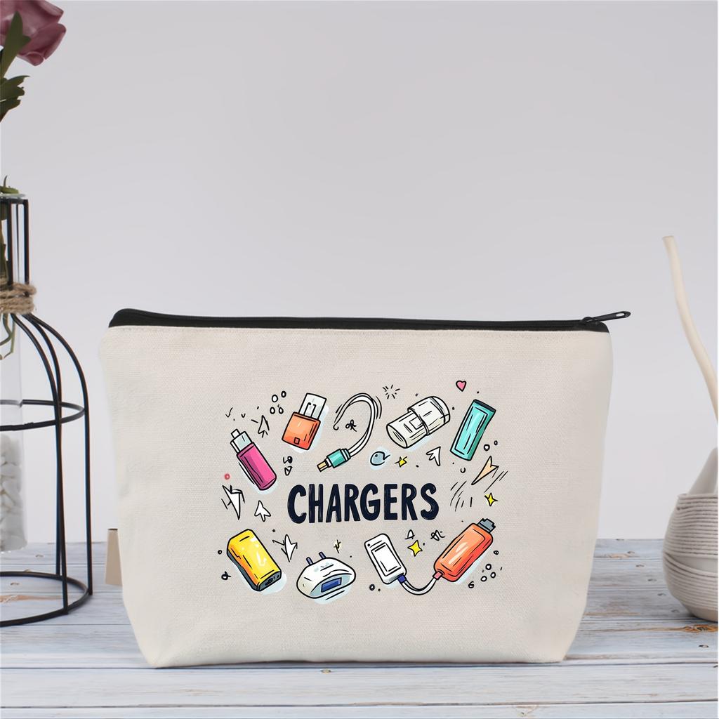 Charger Organizer Pouch Playful Charger Design Black Zipper Closure Ideal for Travel Cables & USB Storage, Unisex Adult Accessory