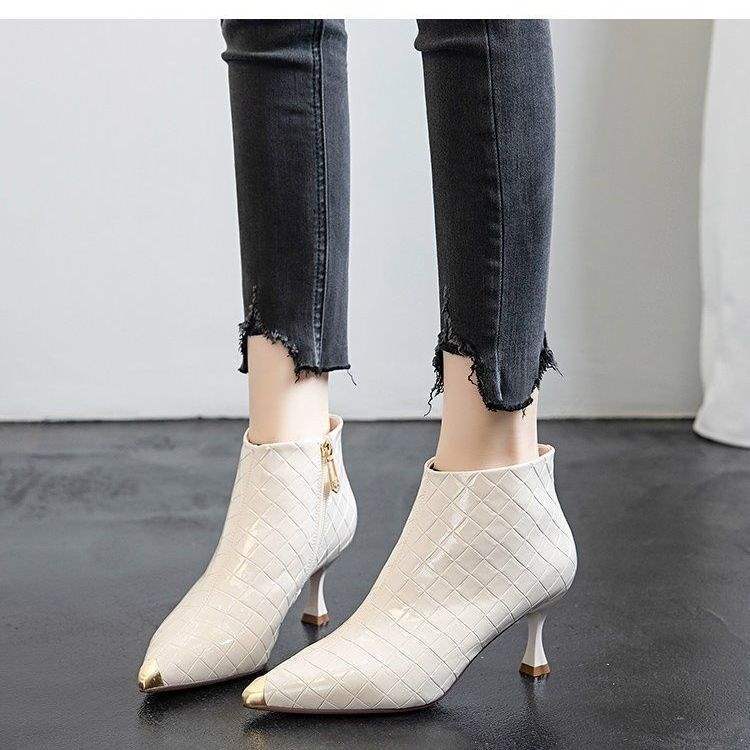 European and American thin heel boots pointed thin boots 2025 autumn and winter new patent leather short boots women's high heels versatile vel