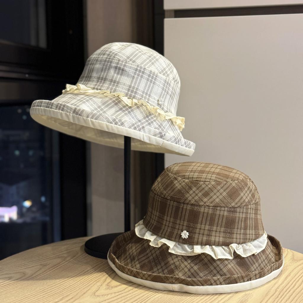2026New Plaid Lace Wide-brimmed Fisherman Hat for Women, Summer Sun Protection Bucket Hat, High-end Feel, Suitable for Large Head Sizes, Versatile
