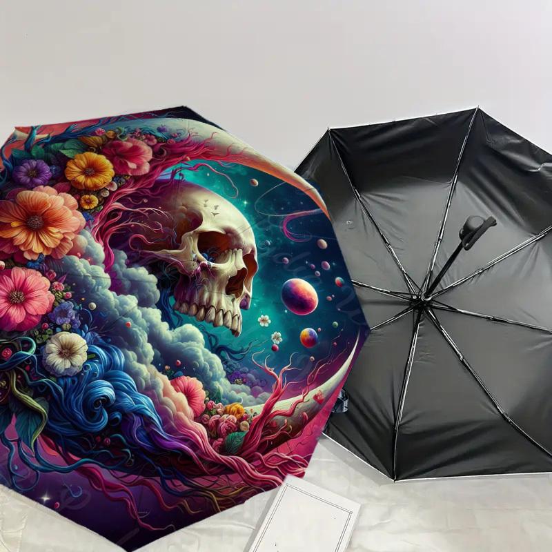 1pc Floral Cosmic Skull Mandala Umbrella with Plastic Handle,Suitable for All Seasons Home Travel Outdoor UmbrellaDD1539
