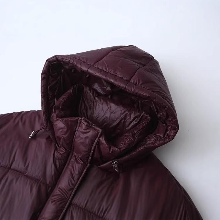 2024 Women's Wine Red Hooded Cotton Coat: European & American Style, Versatile & Fashionable Winter Wear