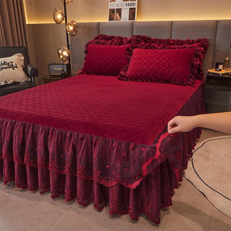 Cotton Padded Velvet Lace Bed Skirt Winter Thick Bed Cover Three Piece Set Single Piece Anti-skid and Anti-static Bed Sheet