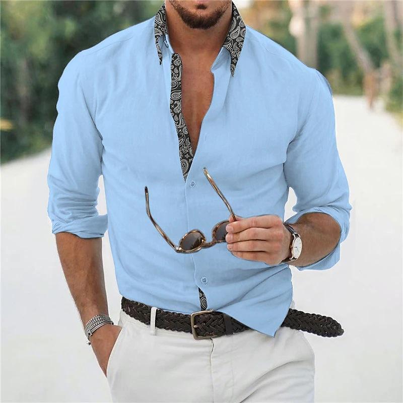

Men s Long Sleeved Color Blocked Collared Shirt Teenage Home Fashion Loose Oversized Linen Shirt XXXL синій