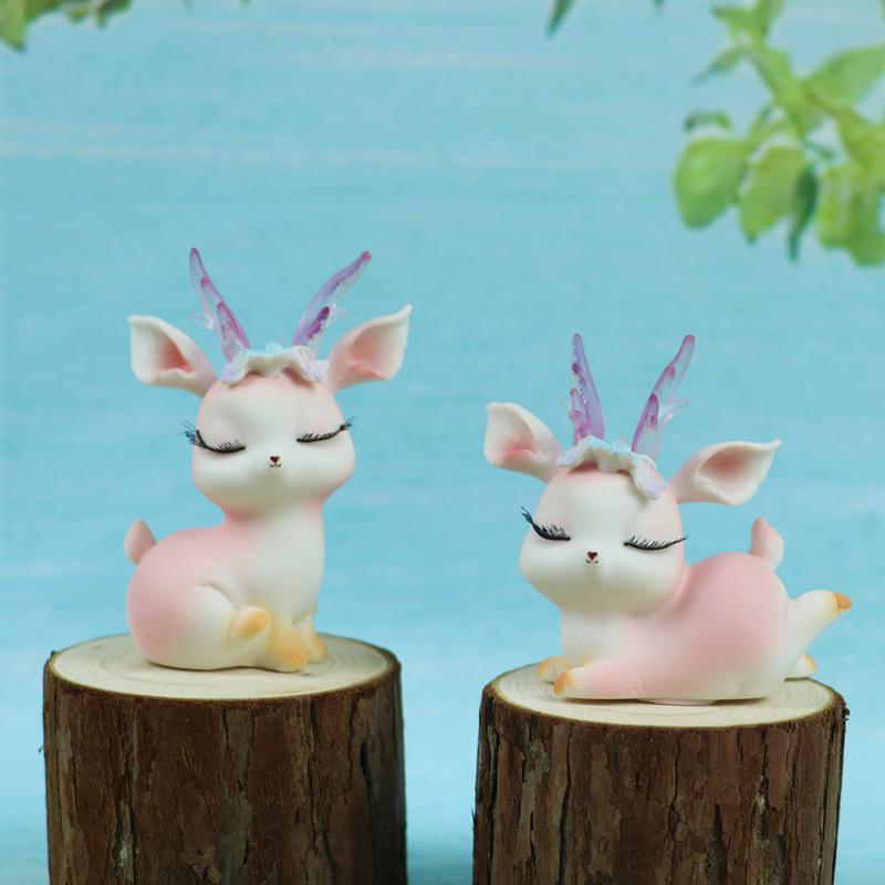 Cartoon Deer Figurine with Flower Charm Cute Little Deer Desktop Decoration Car Center Console Ornament Collectible Animal Toy