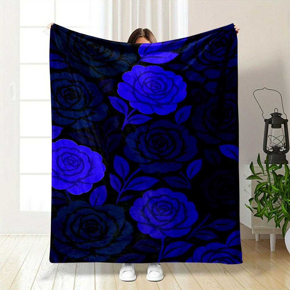 Vibrant Blue Roses on Black Background Patterned blanket, flannel, suitable for all seasons, home decor, warm and cozy
