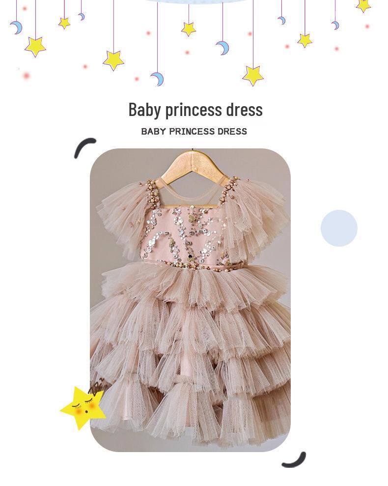 Vestito beige con paillettes a strati e spalline per il primo compleanno di bambina, con gonna in tulle voluminosa e fiocco (2025)