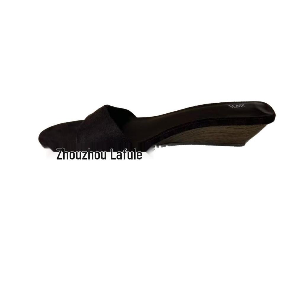 2025 Black Suede Leopard Wedge Heels with Thick Sole - Comfortable Outdoor Fashion Shoes
