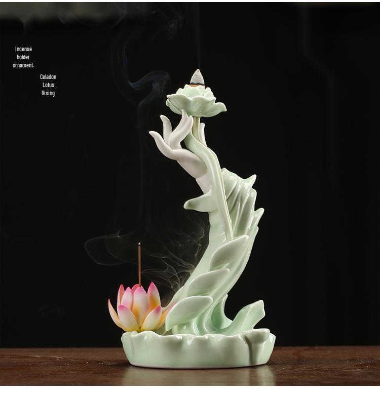 Zen Buddha Hand Ceramic Backflow Incense Burner with Light Ring and Heart Sutra Ornament for Indoor Decor