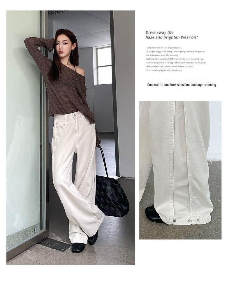 2025 Autumn/Winter Women's Off-White High-Waisted Retro Wide-Leg Jeans: Loose, Slimming, Floor-Length Straight-Leg Trousers.