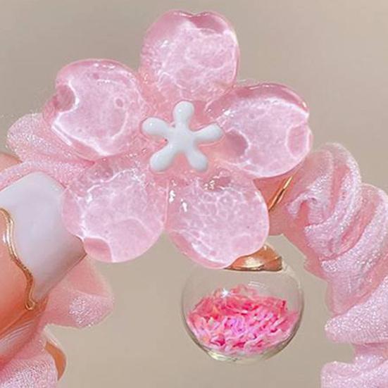 2Pcs Hair Tie High Elasticity Glossy Fabric Hair Rope with Transparent Cherry Blossom